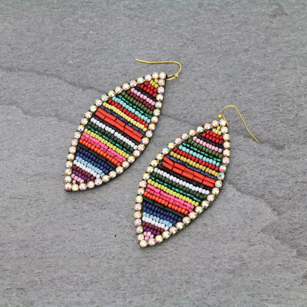Seed Bead Marquise with Rhinestone Dangle Earrings