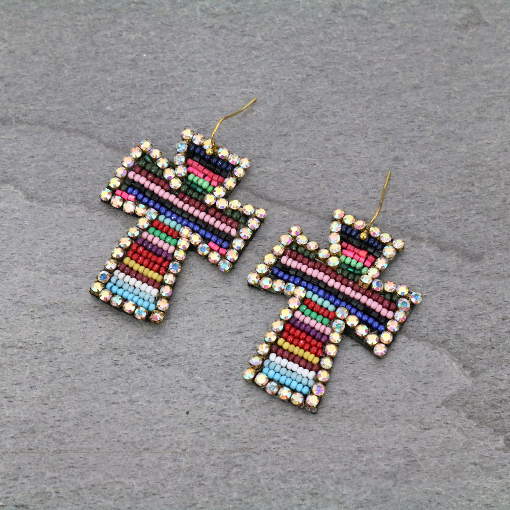 Seed Bead Cross with Rhinestone Dangle Earrings