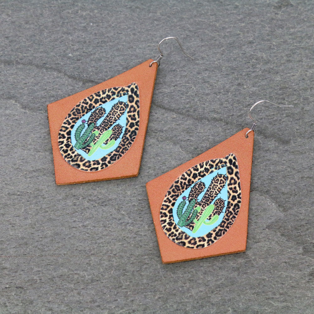 Cactus Printed Leather Dangle Earrings