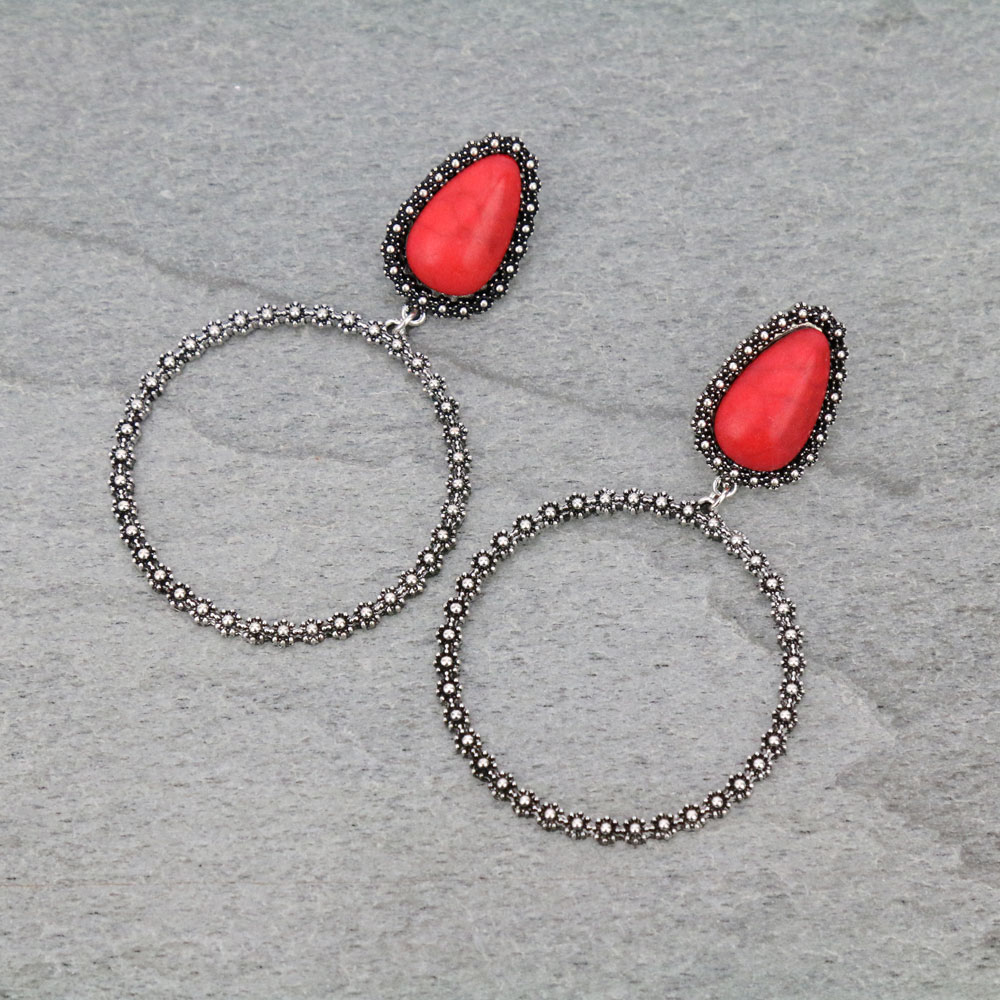 Teardrop Stone Circle Stud Earrings