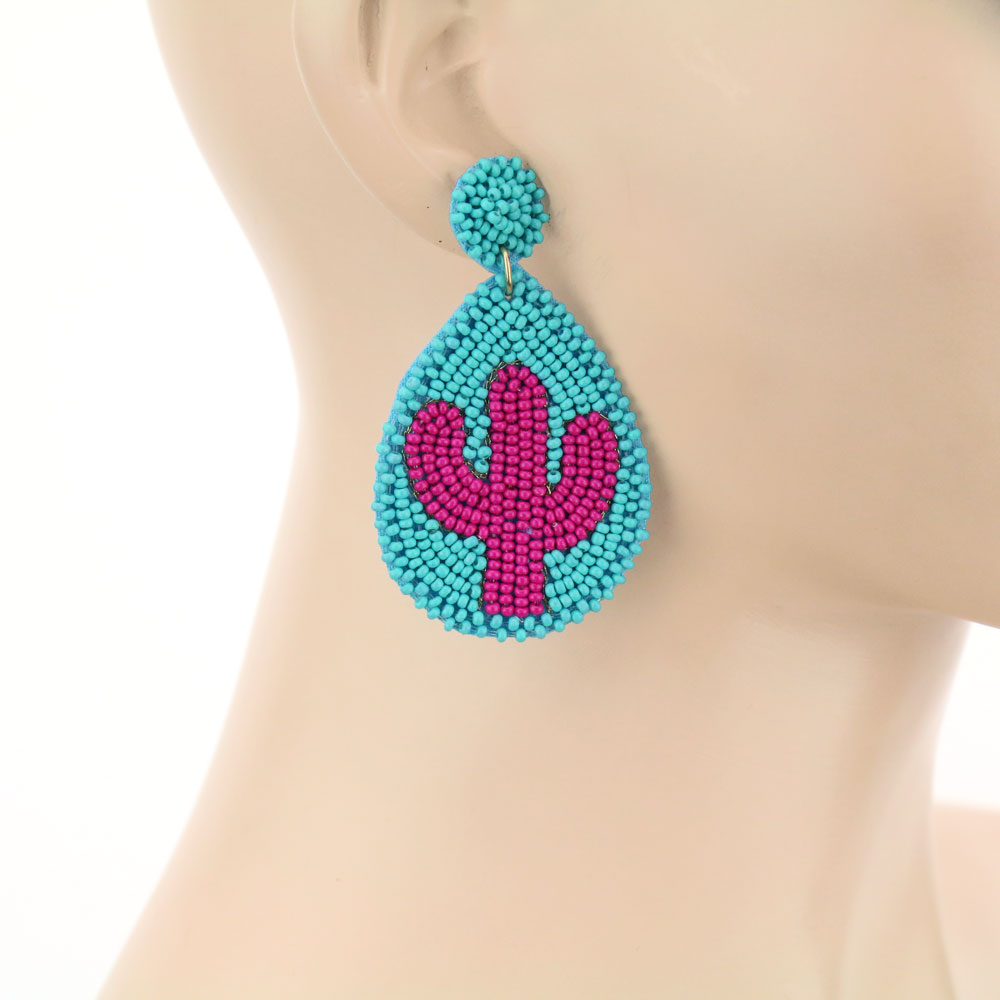 Cactus Seed Bead Teardrop Stud Earrings - Image 2