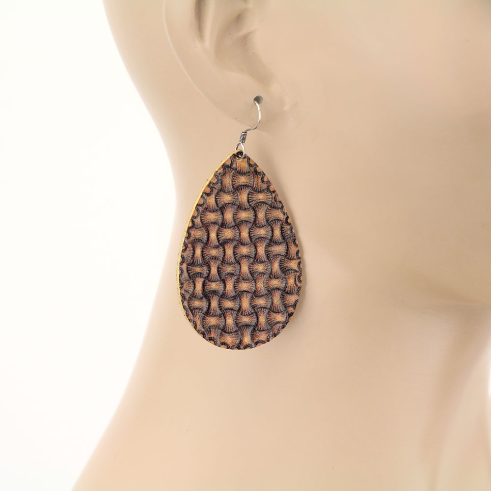Teardrop Leather Patterned Dangle Earrings - Image 2
