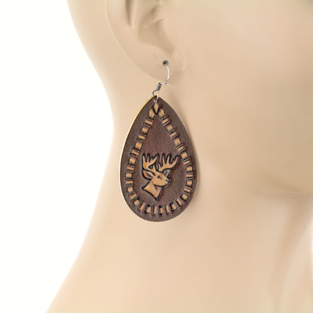 Teardrop Leather Deer Dangle Earrings - Image 2