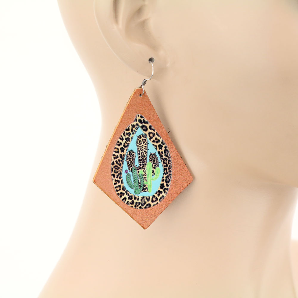 Cactus Printed Leather Dangle Earrings - Image 2