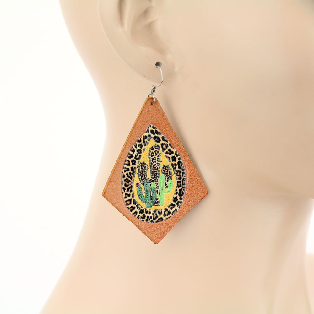 Cactus Printed Leather Dangle Earrings - Image 2