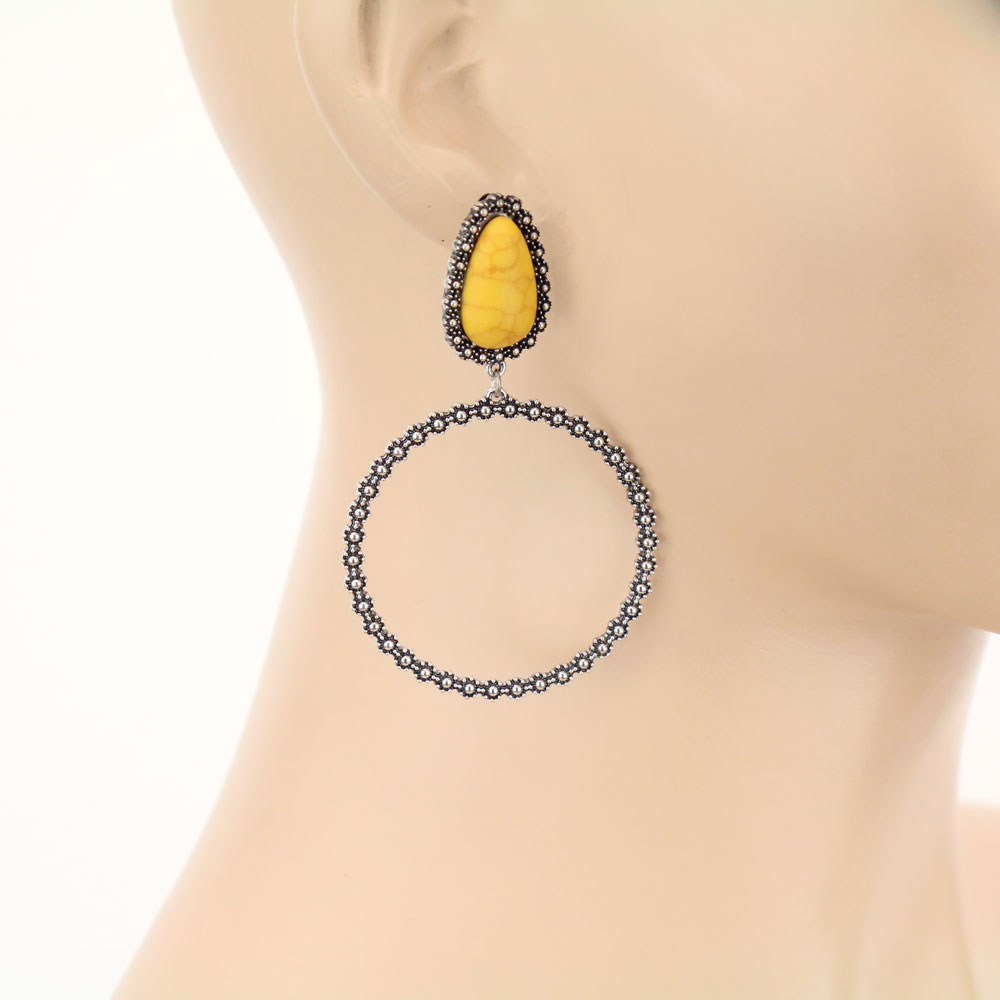 Teardrop Stone Circle Stud Earrings - Image 2