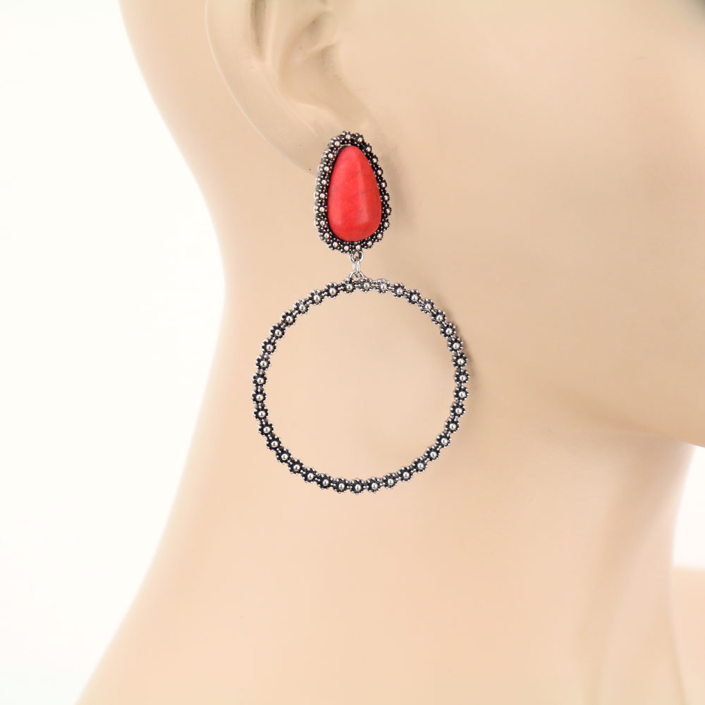 Teardrop Stone Circle Stud Earrings - Image 2