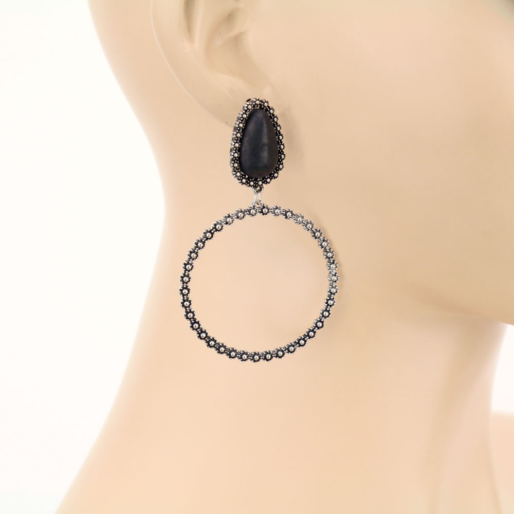 Teardrop Stone Circle Stud Earrings - Image 2