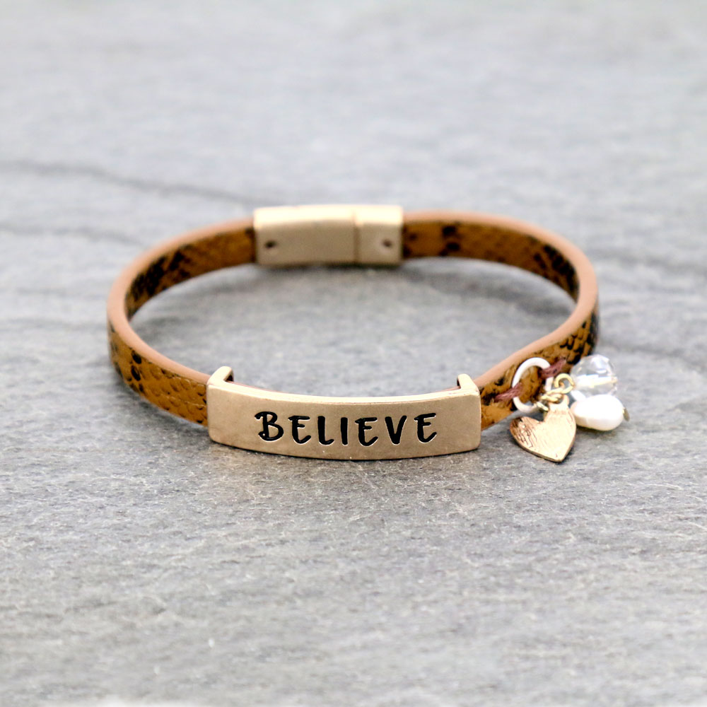 "BELIEVE" Snake Skin Leather Magnetic Bracelet