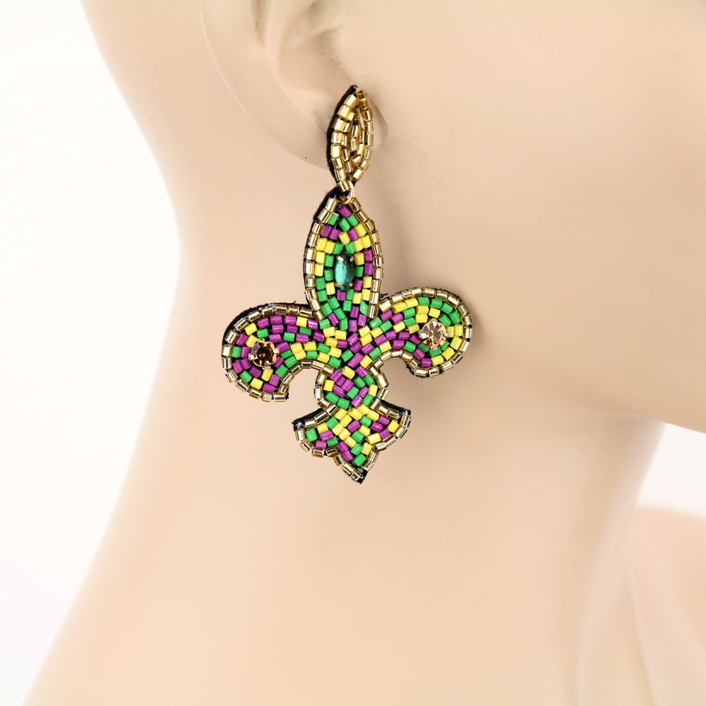 Mardi Gras Fleur De Lis Seed Bead Stud Earrings - Image 2