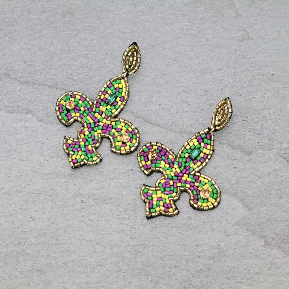 Mardi Gras Fleur De Lis Seed Bead Stud Earrings