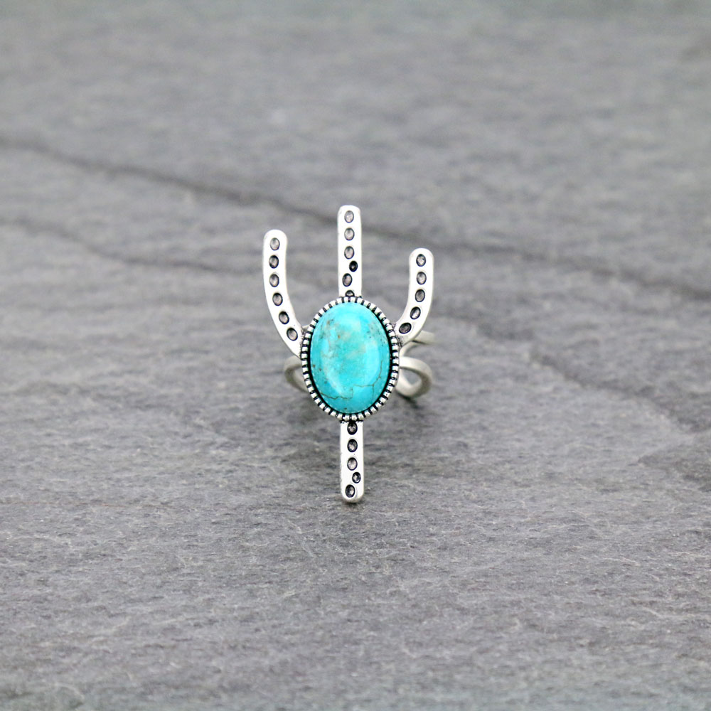 Cactus Natural Stone Adjustable Ring with Double Band
