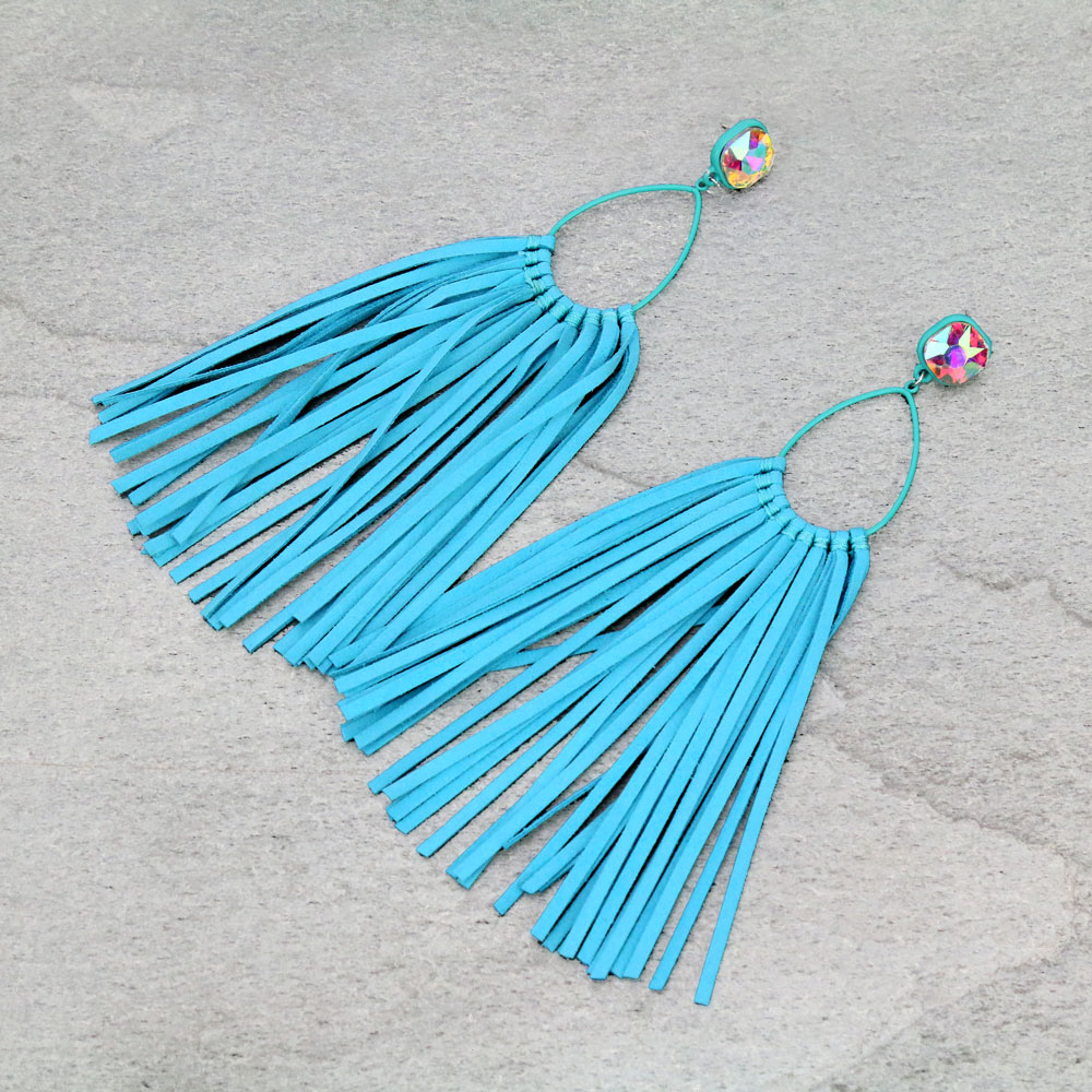 Glass Stone Teardrop Leather Tassel Stud Earrings