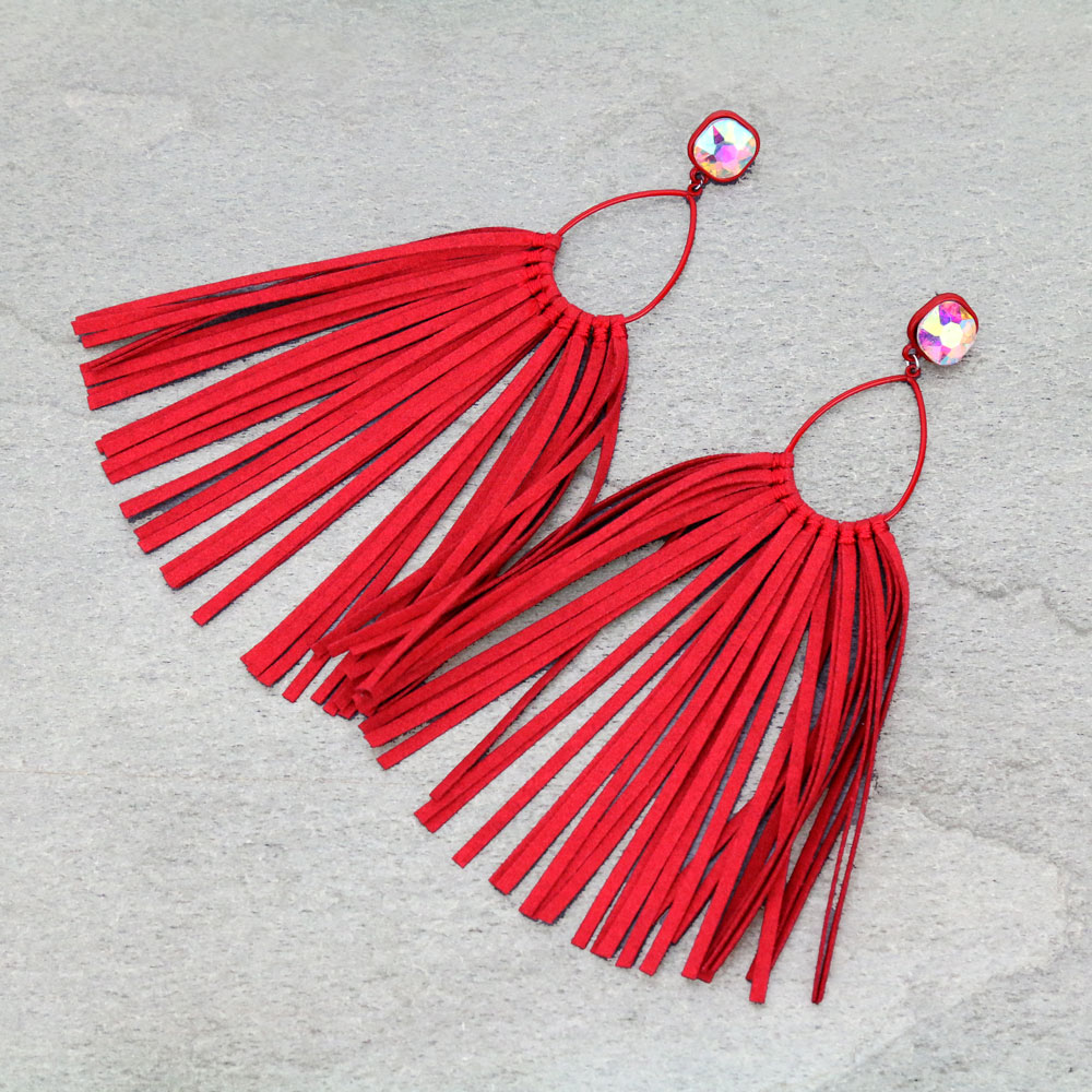 Glass Stone Teardrop Leather Tassel Stud Earrings