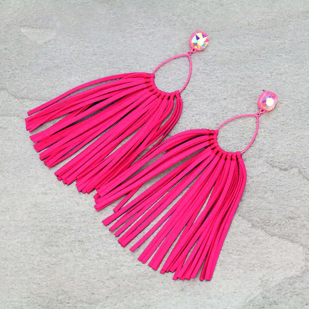 Glass Stone Teardrop Leather Tassel Stud Earrings