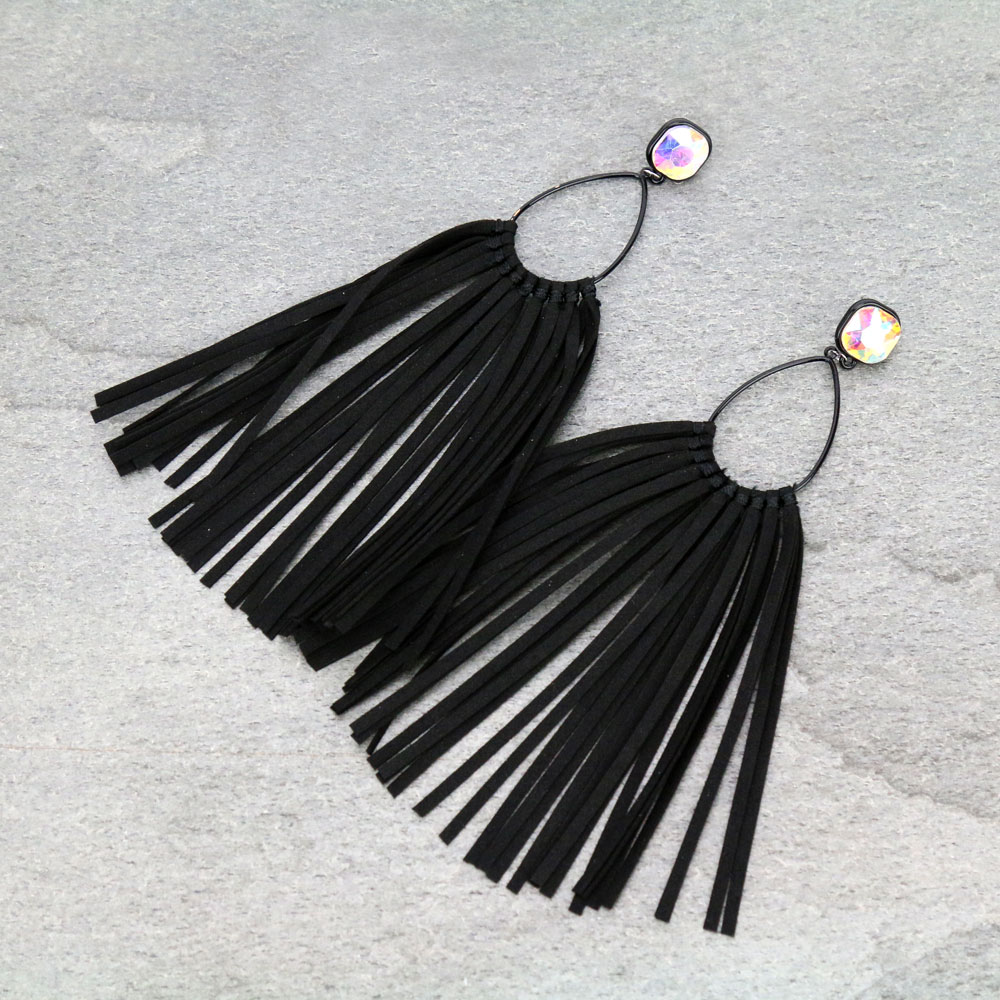 Glass Stone Teardrop Leather Tassel Stud Earrings