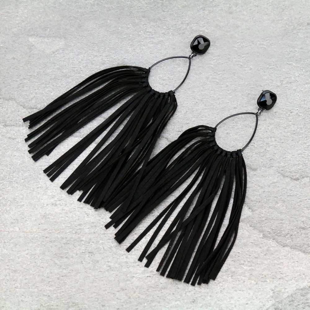 Glass Stone Teardrop Leather Tassel Stud Earrings