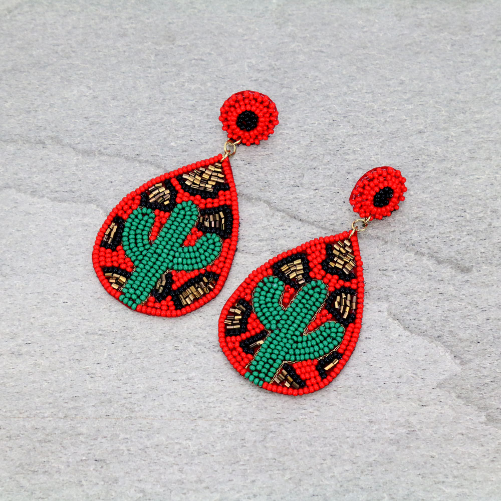 Cactus Teardrop Seed Bead Stud Earrings