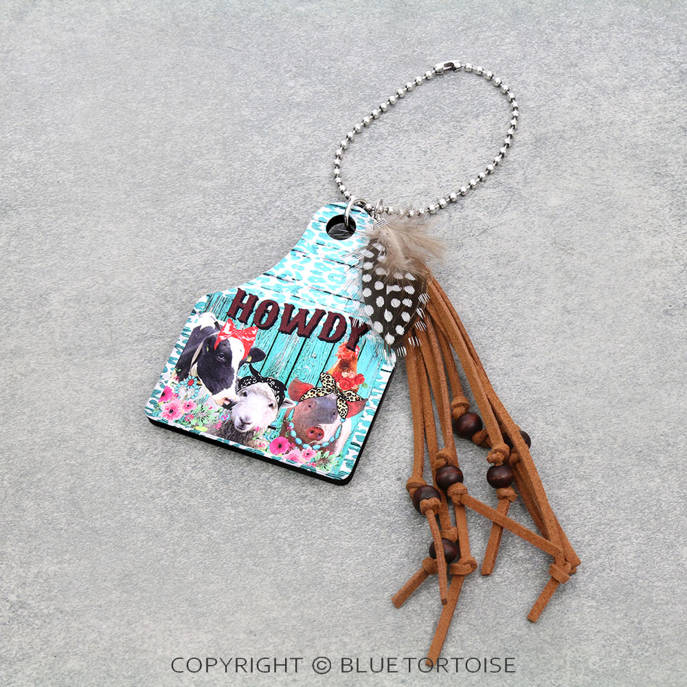 Western Farm Animal Cattle Tag Car Ornament with Tassel & Feather
