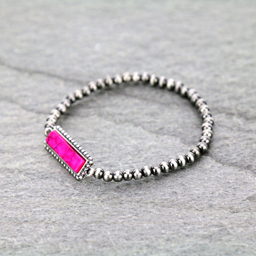 Navajo Style Pearl Bead with Stone Stretch Bracelet - Image 2