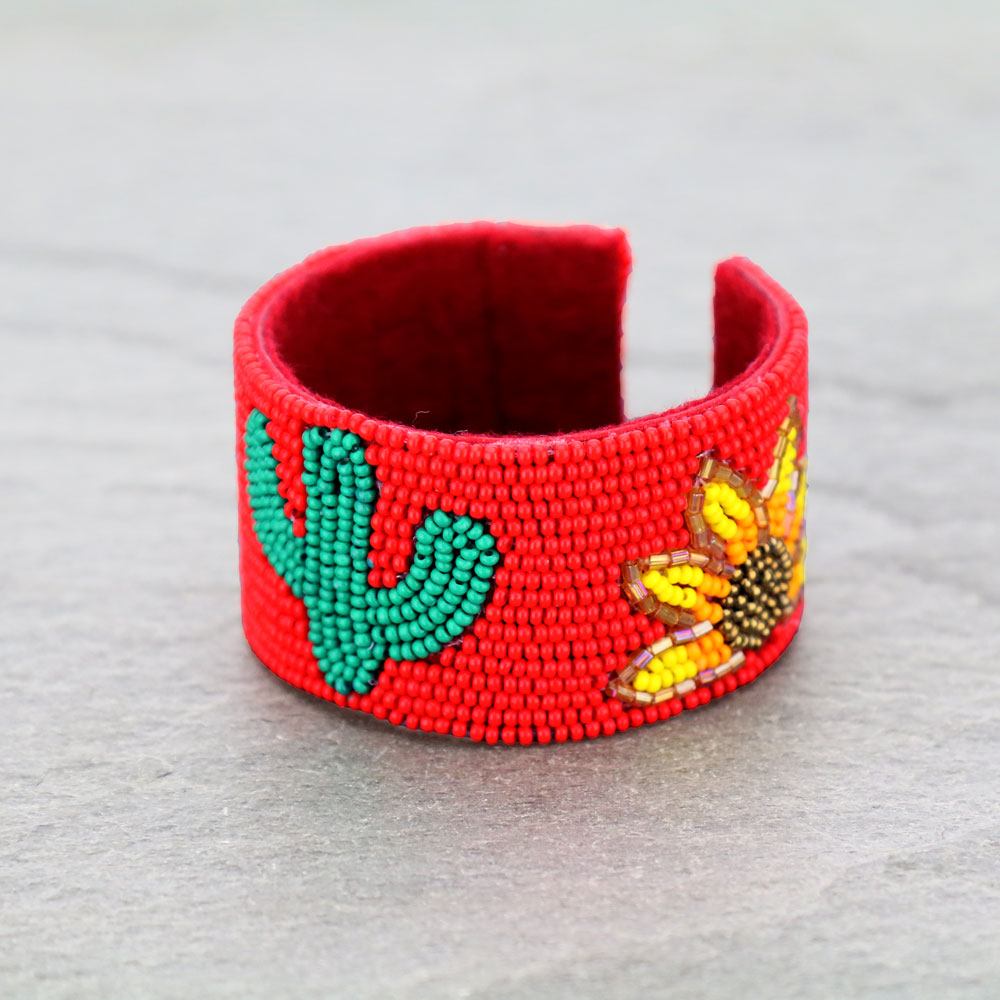 Cactus and Sunflower Seed Bead Cuff Bracelet - Image 2