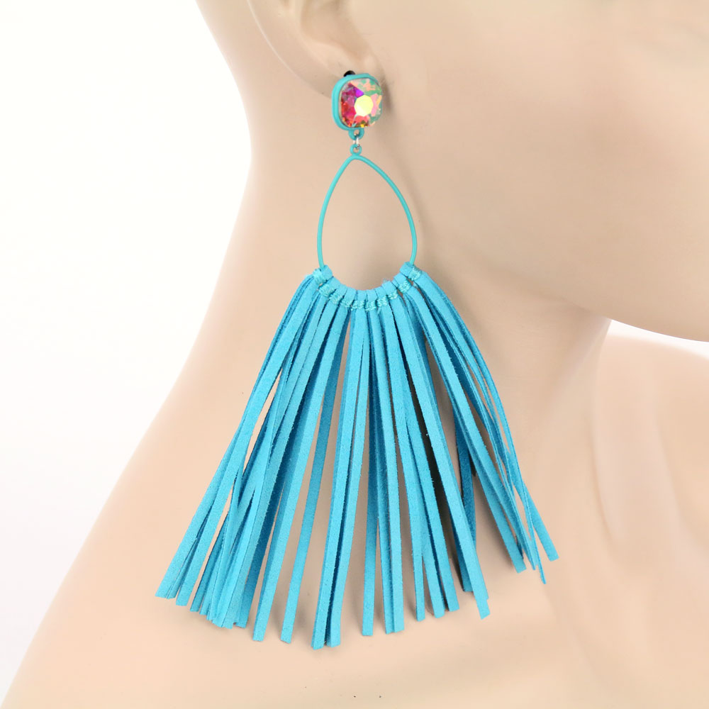 Glass Stone Teardrop Leather Tassel Stud Earrings - Image 2