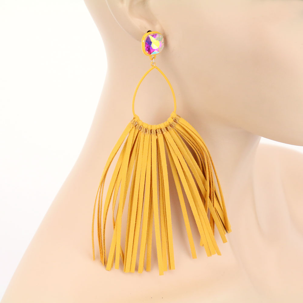 Glass Stone Teardrop Leather Tassel Stud Earrings - Image 2