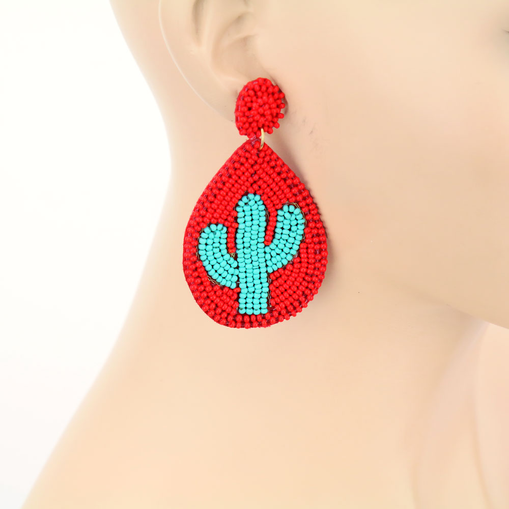Cactus Seed Bead Teardrop Stud Earrings - Image 2