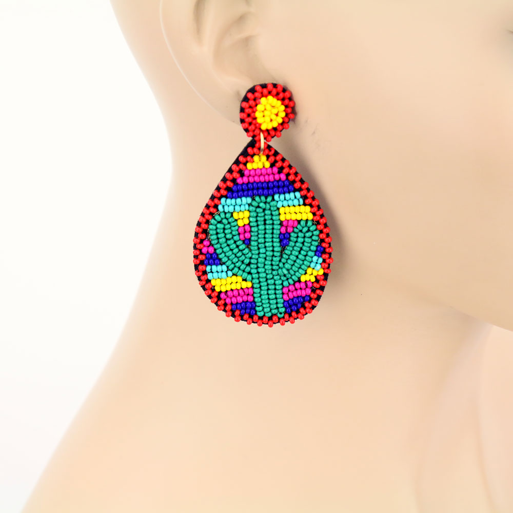 Cactus Seed Bead Teardrop Stud Earrings - Image 2