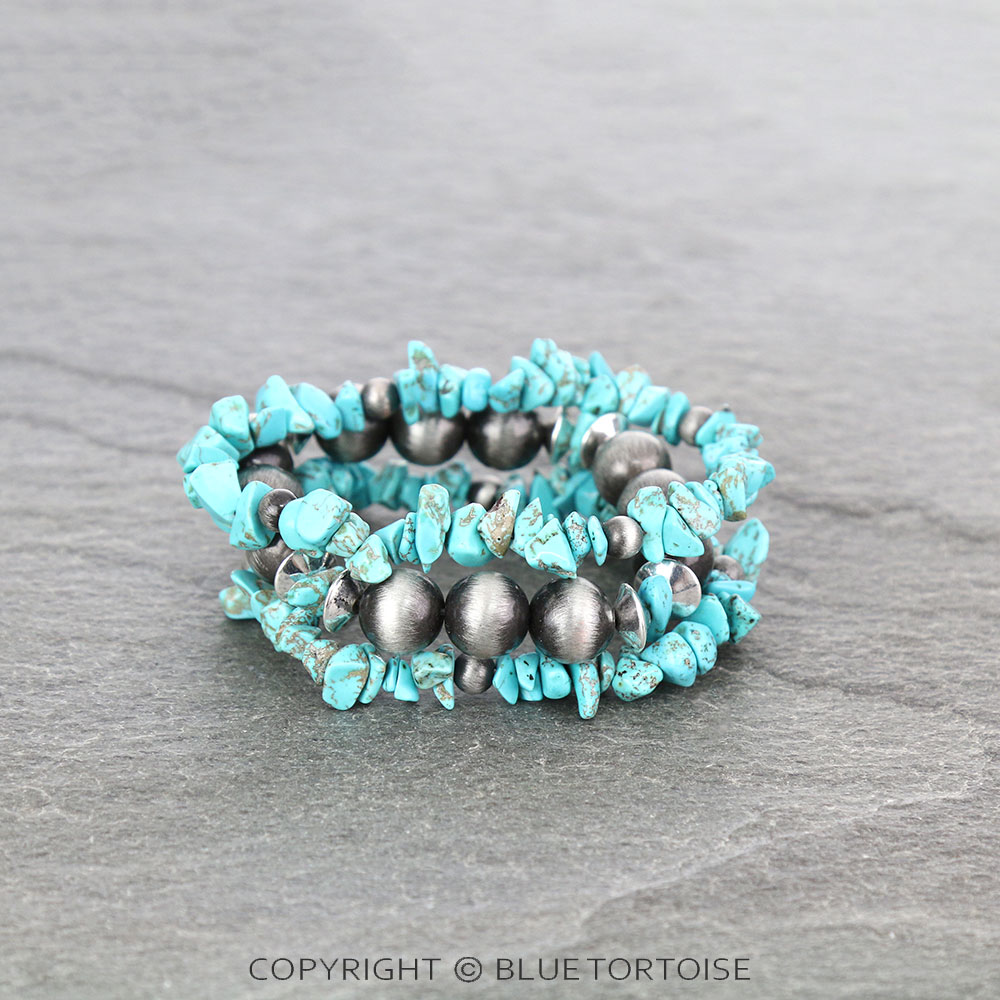 Navajo Style Pearl and Chip Stone Stackable Bracelets - Image 2