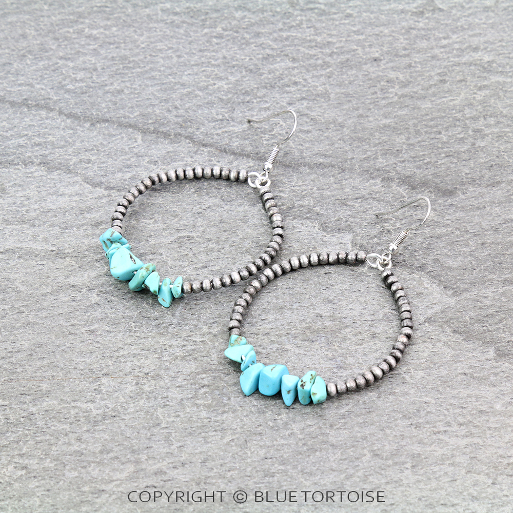 Round Navajo Style Pearl & Chip Stone Dangle Earrings