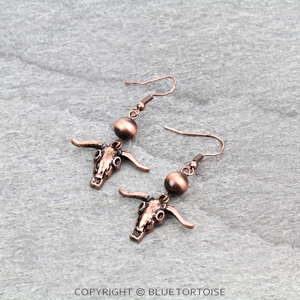 Western Theme Steer Skull Dangle Earrings