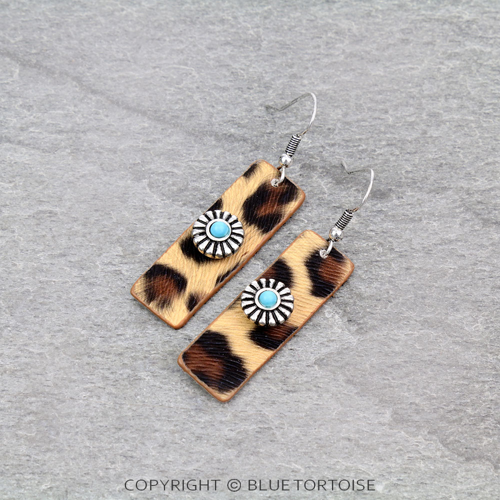 Western Concho with Leather Bar Dangle Earrings