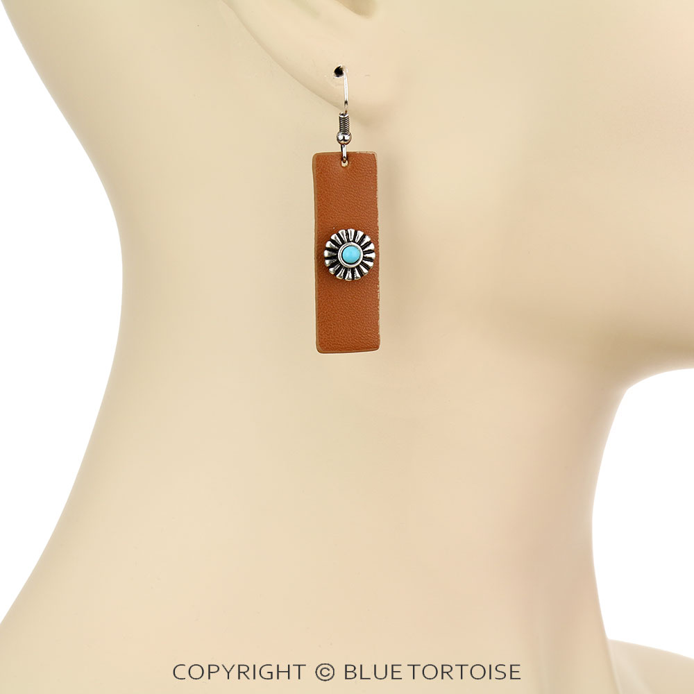 Western Concho with Leather Bar Dangle Earrings - Image 2