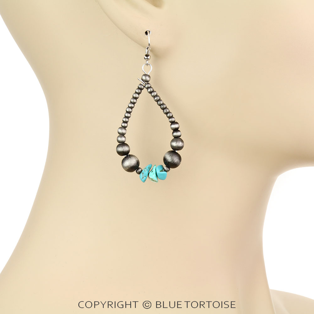 Teardrop Navajo Style Pearl & Chip Stone Dangle Earrings - Image 2