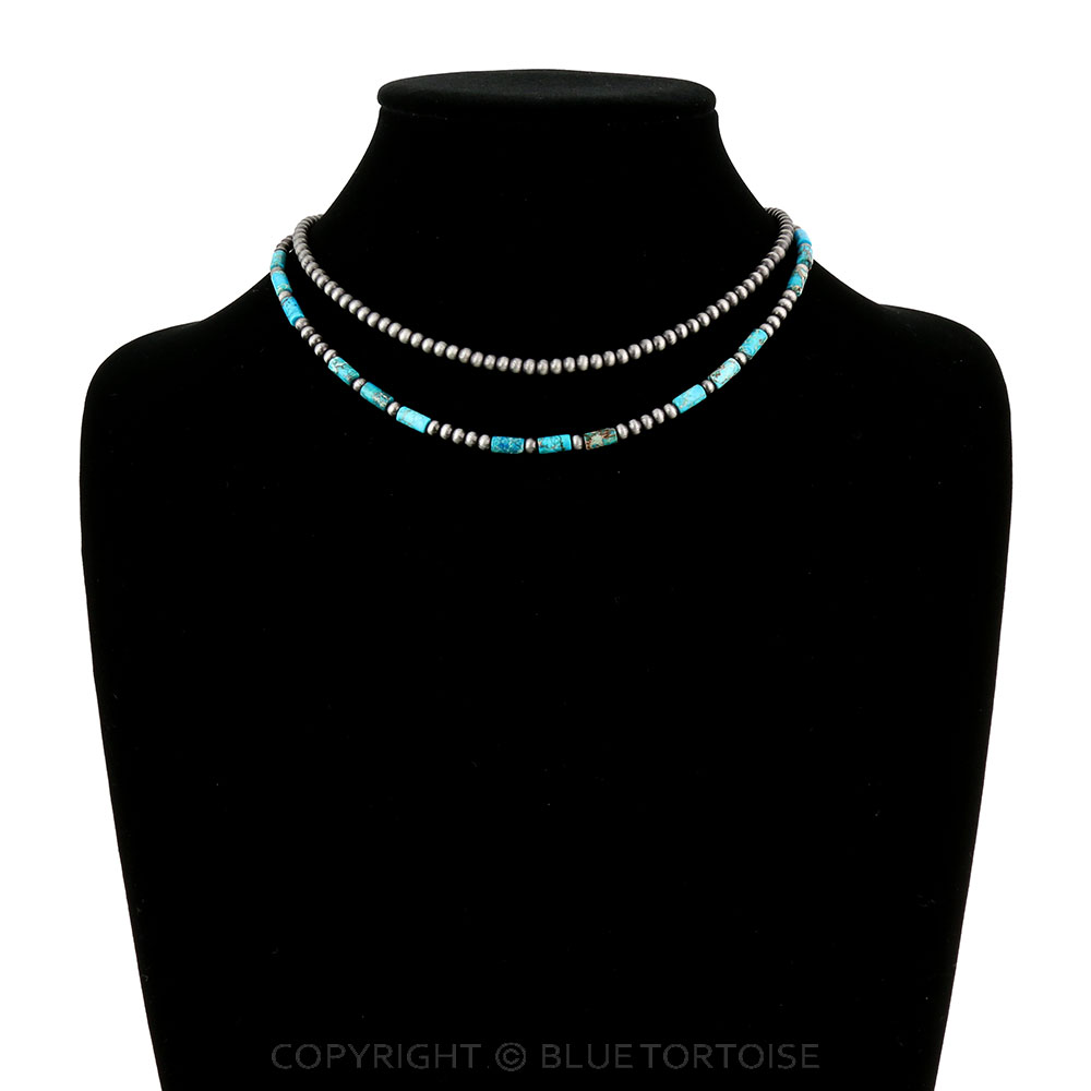 16" Long, 2-strand Tiny 4mm Gemstone & Navajo Style Pearl Necklace - Image 2