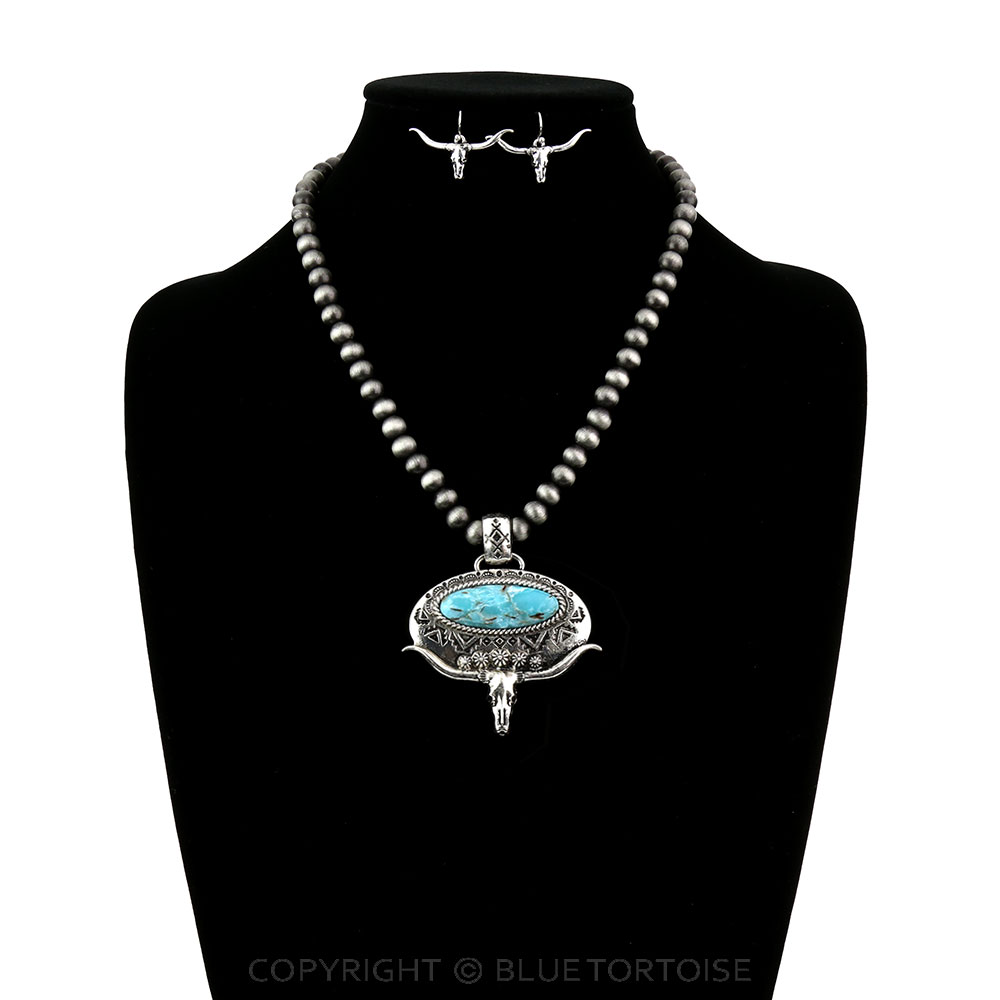 Western Steer Skull Stone Pendant Necklace Set - Image 2