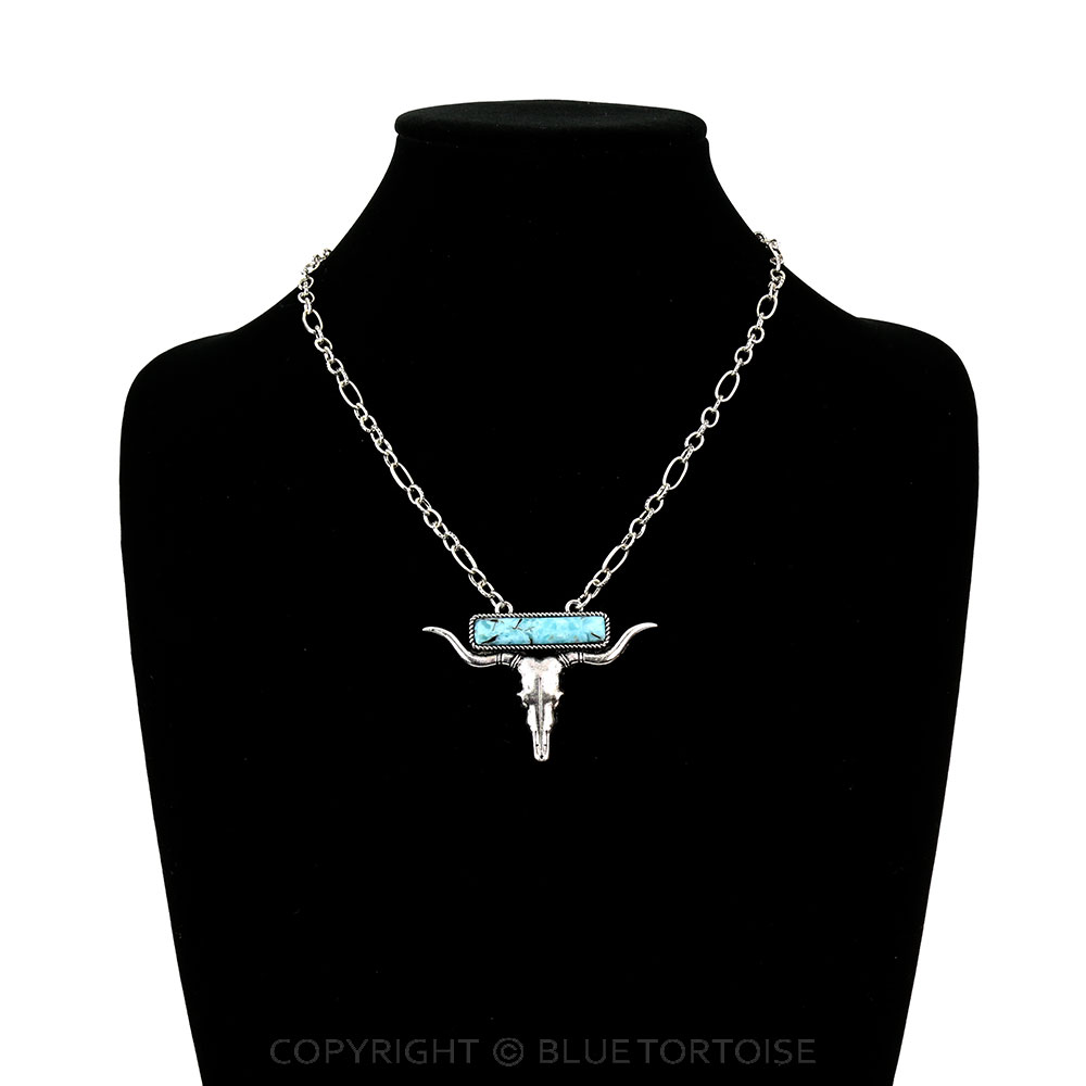 Western Steer Skull Stone Bar Pendant Necklace Set - Image 2