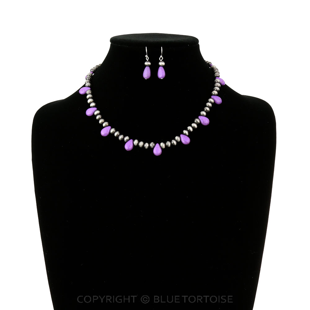 Navajo Style Pearl with Teardrop Stone Necklace Set - Image 2