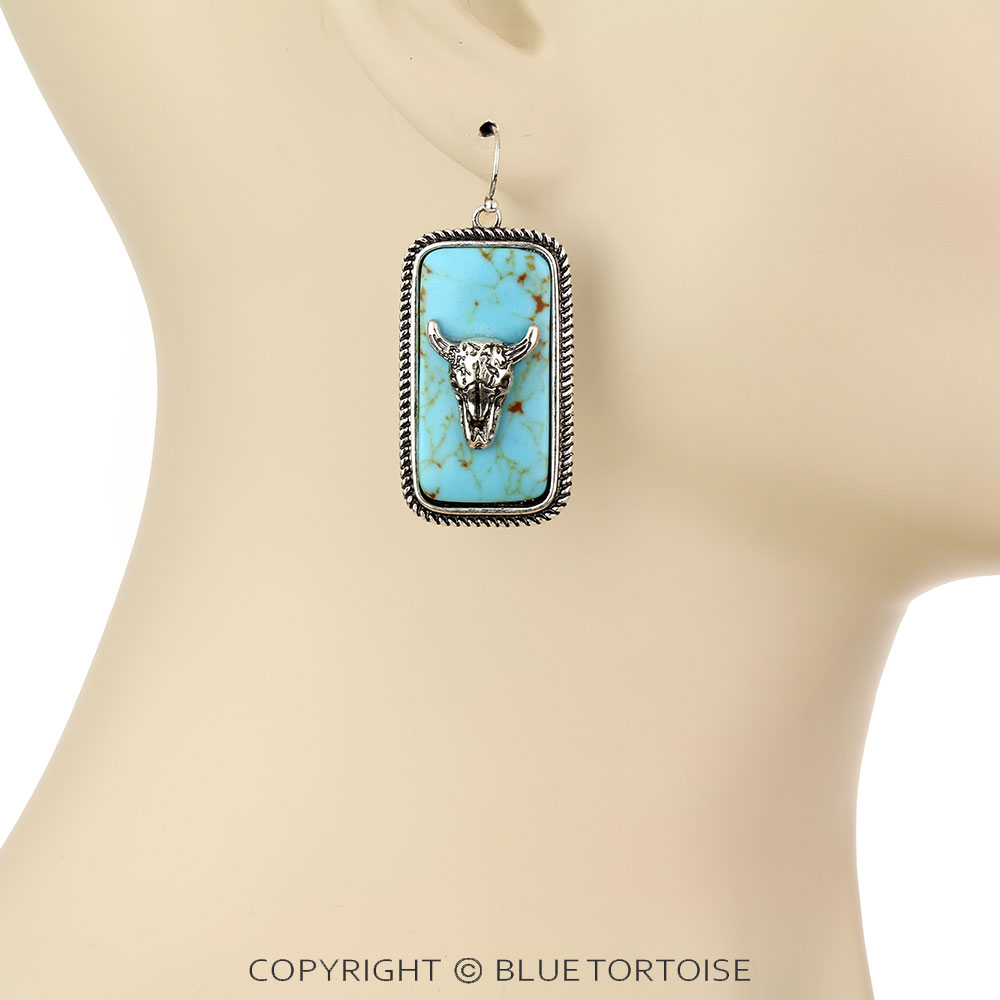 Western Steer Skull Stone Dangle Earrings - Image 2
