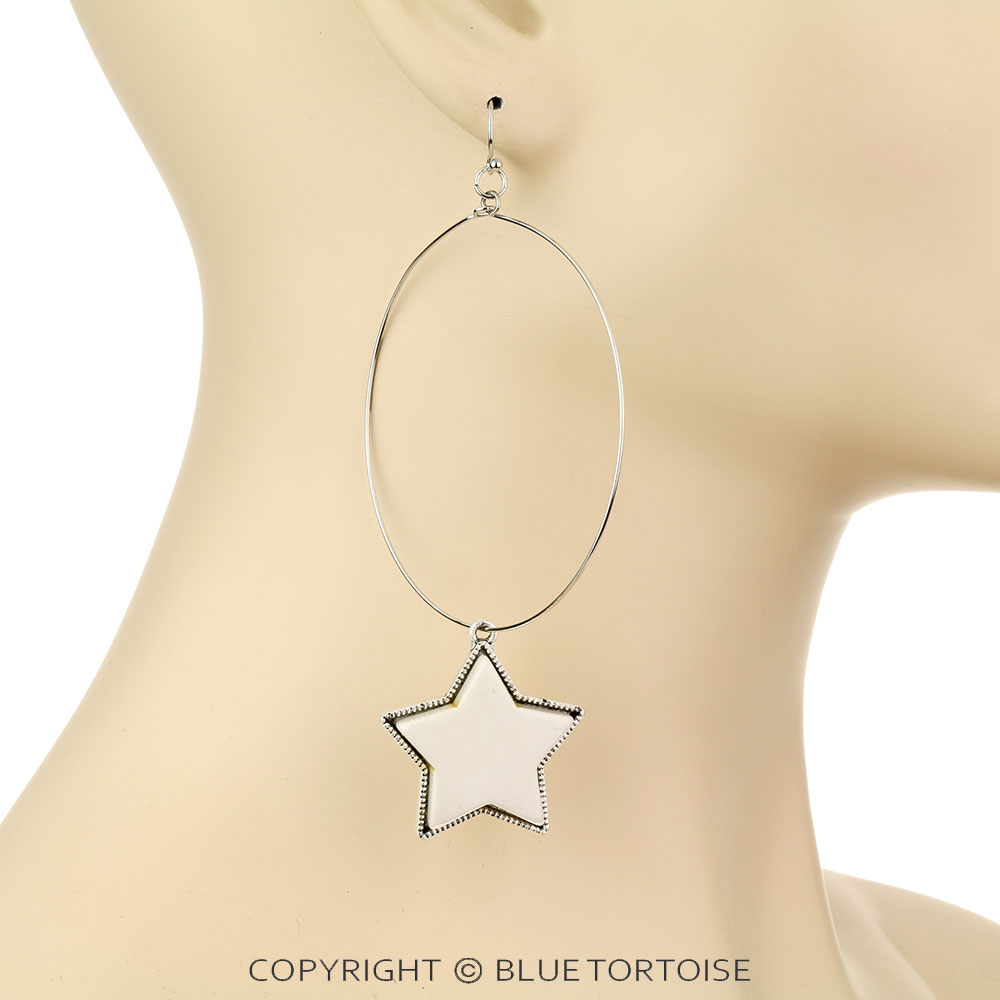 3.8" Long, Lone Star White Natural Stone 65mm Hoop Earrings - Image 2