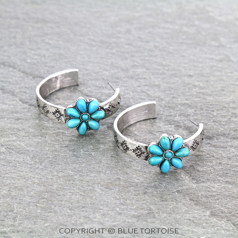 Aztec Pattern with Concho Stone Hoop Earrings