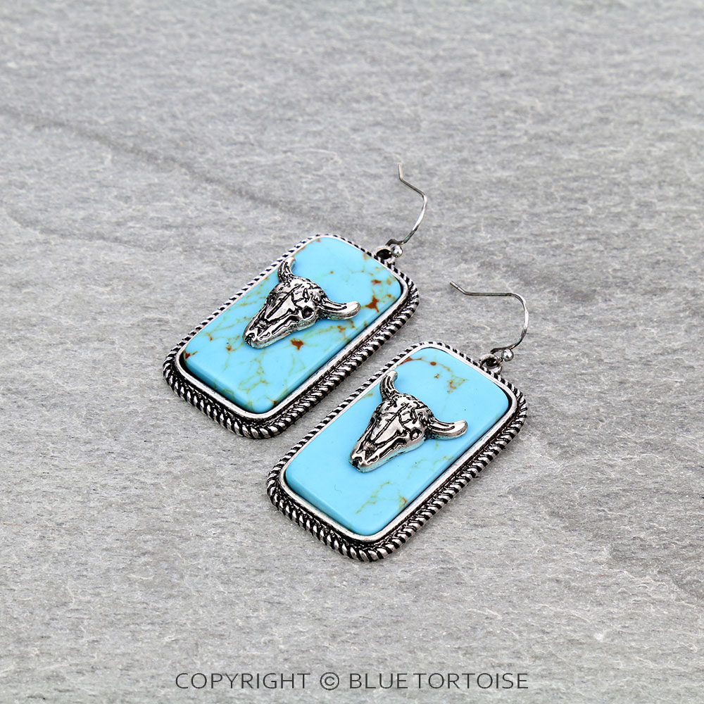 Western Steer Skull Stone Dangle Earrings