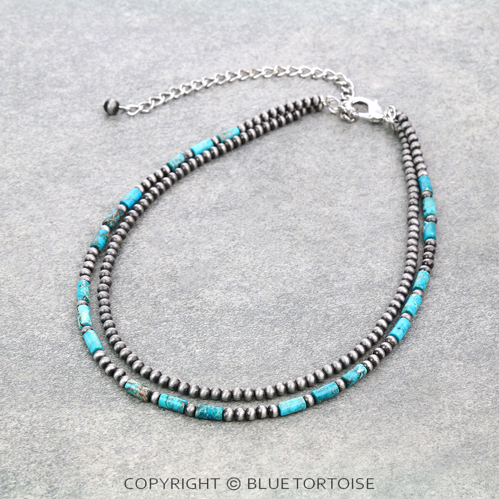 16" Long, 2-strand Tiny 4mm Gemstone & Navajo Style Pearl Necklace
