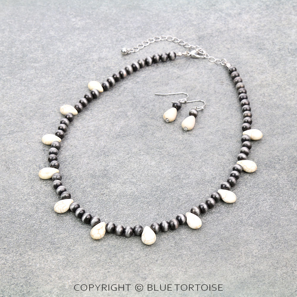 Navajo Style Pearl with Teardrop Stone Necklace Set