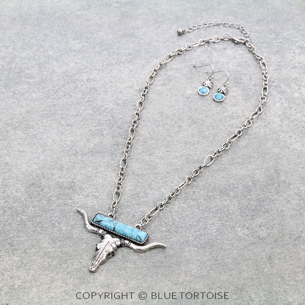 Western Steer Skull Stone Bar Pendant Necklace Set