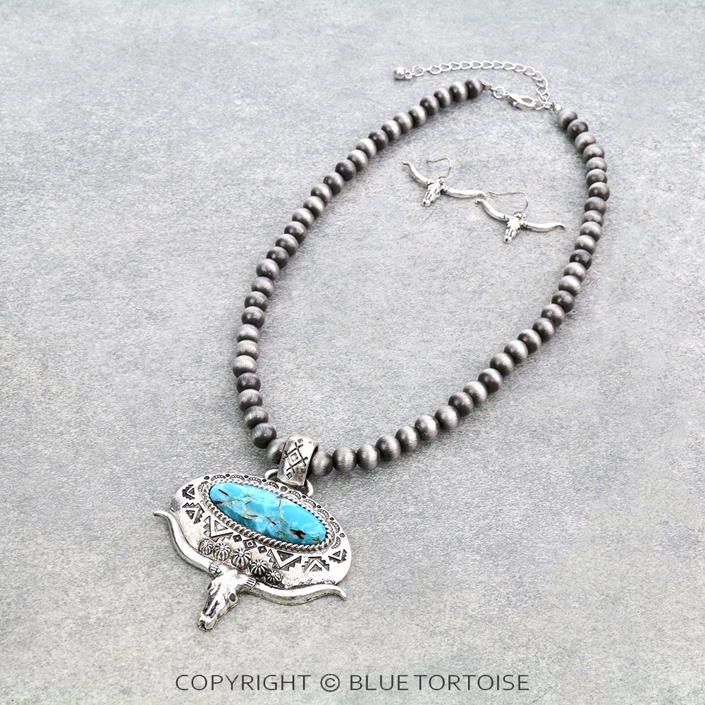 Western Steer Skull Stone Pendant Necklace Set