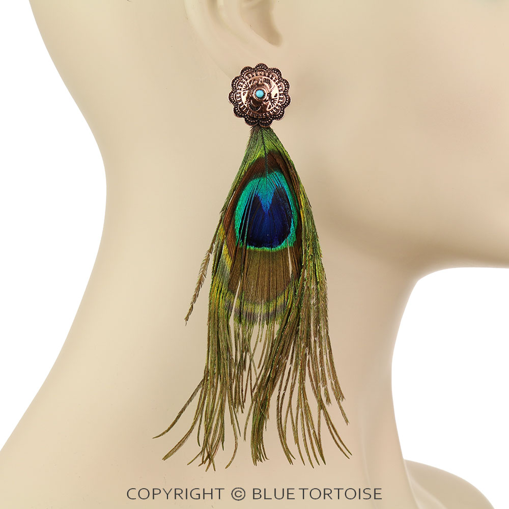 5" Western Concho with Peacock Feather Stud Earrings - Image 2