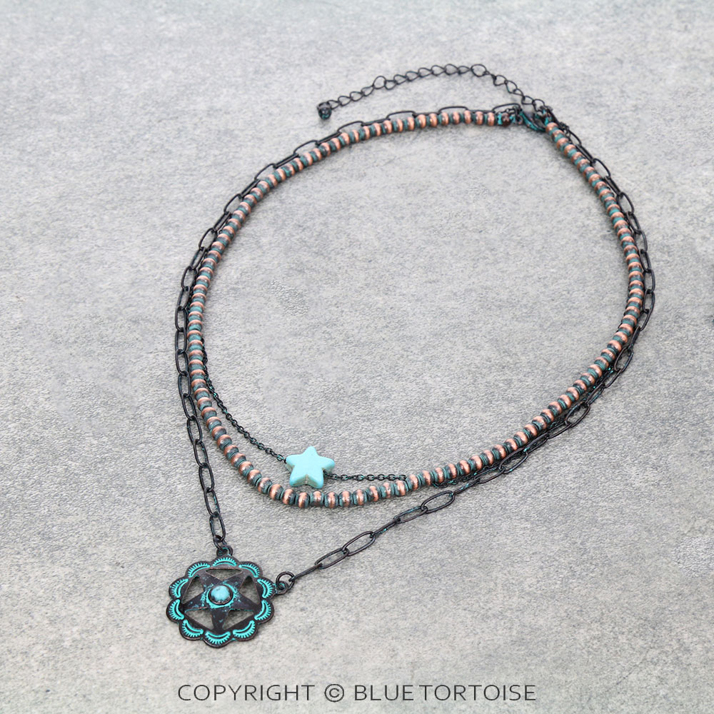 3Row Navajo Style Pearl and Chain with Star Pendant Necklace