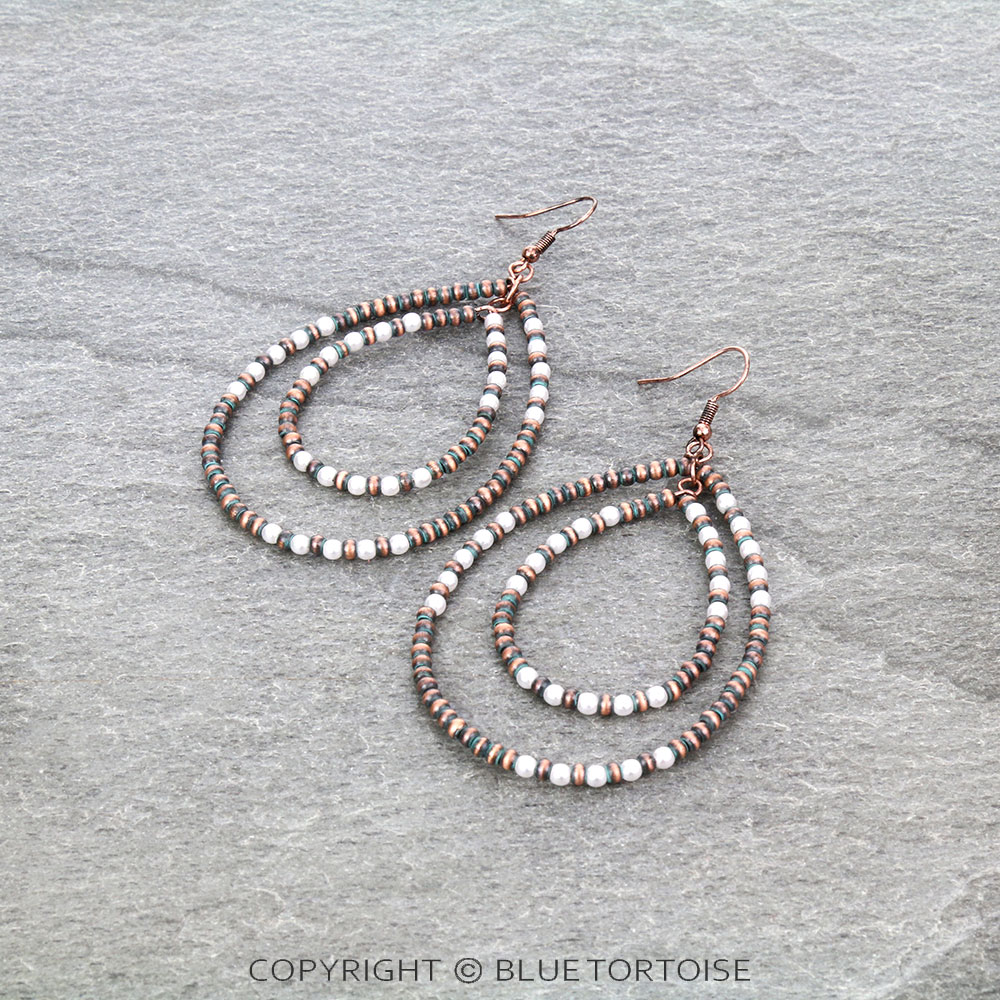 3" Navajo Style Pearl & Bead Layered Teardrop Dangle Earrings
